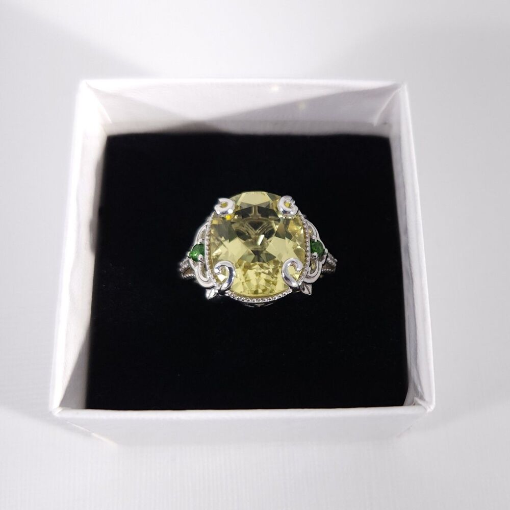 Yellow Quartz 13 Carats Ring with Chrome Diopside Size 9 - Picture 2 of 14